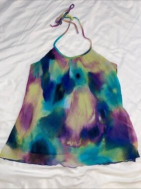 Bwear Blue Tie-Dye Halter Top with Purple and Yellow Accents